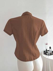 Elamini Classic Lace Patchwork Solid Color Slim Fit Short Sleeve Women Shirt - Brown - View 2