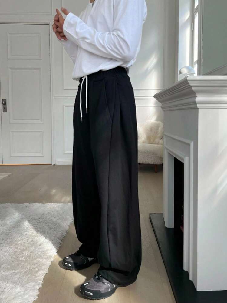 Men's Loose Drawstring Waist Fleece Sweatpants, Black, Autumn/Winter