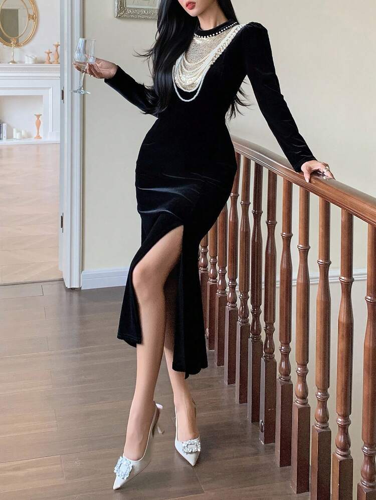 Elegant Long Sleeve Slit Hem Evening Gown Prom Dress