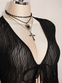 SHEIN ICON Plus Size Long Sleeve Sheer Tie Front Cardigan And Multi-Layer Lace Shorts Set,Fall Clothes For Women - Black - View 5
