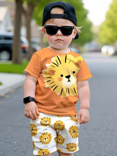 SHEIN Kids' Casual Simple Round Neck Short Sleeve T-Shirt And Shorts 2 Pieces Set, Suitable For Summer - Lion, Cartoon, Orange, Kids' Choice Collection, Everyday Basic, Happy Kids, Pastel Colors For Kids, Bikercore, Family Trip, Happy Days, I Love Mommy, I Love Daddy, Lovely Home, Cool Kids, Young Boy