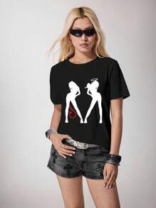 BiGraphic Women's Casual Angel & Devil Graphic Round Neck Short Sleeve T-Shirt, Summer Women Graphic Tshirt Women Tshirts Woman Graphic Tees Angel And Devil Tshirt Angel Devil Graphic Tee Suitable For Going Out - Black - View 1