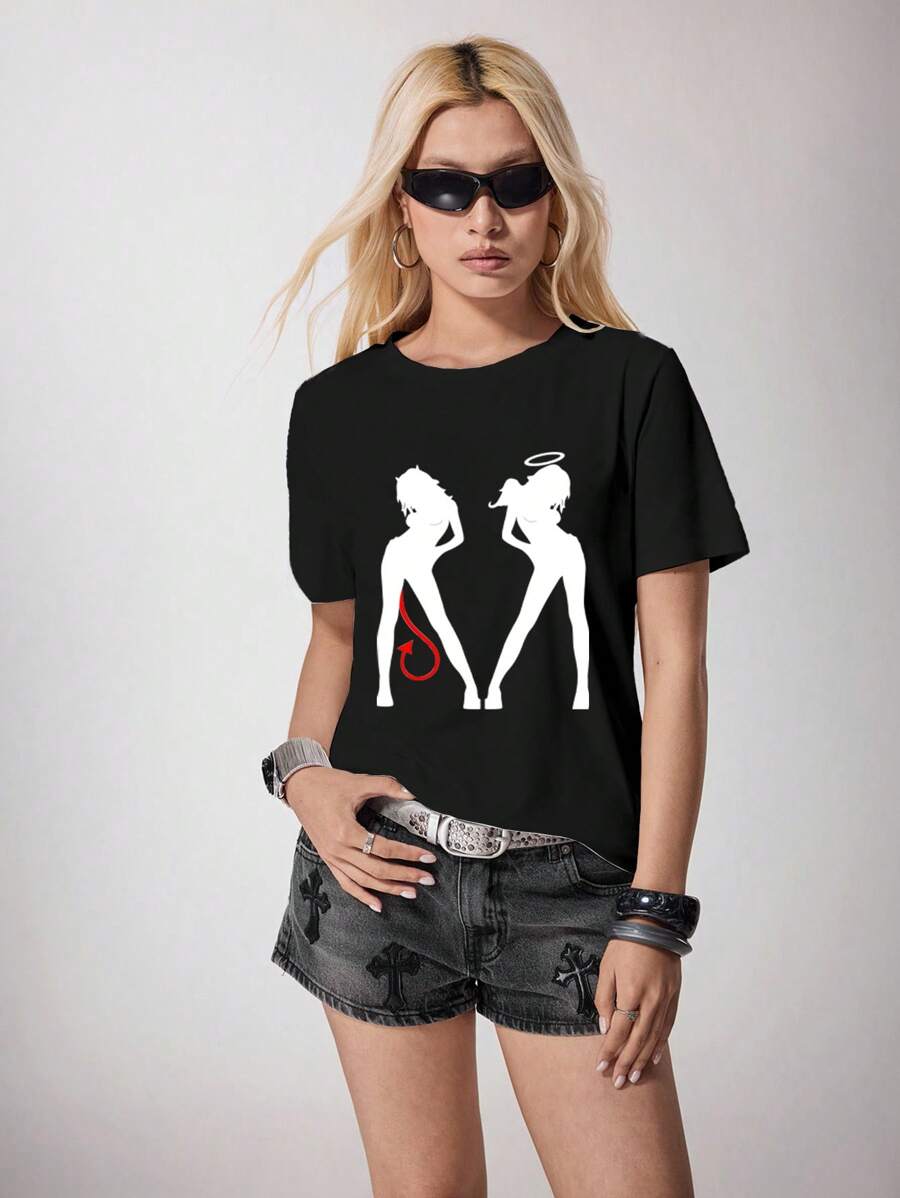 BiGraphic Women's Casual Angel & Devil Graphic Round Neck Short Sleeve T-Shirt, Summer Women Graphic Tshirt Women Tshirts Woman Graphic Tees Angel And Devil Tshirt Angel Devil Graphic Tee Suitable For Going Out - Black - View 1