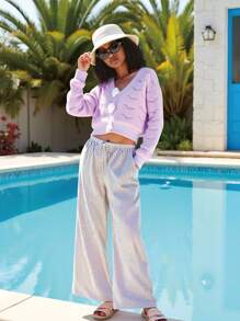 时尚休闲外套飞鸟镂空手工3D花卉短款针织开衫 - 紫色 - 查看 3