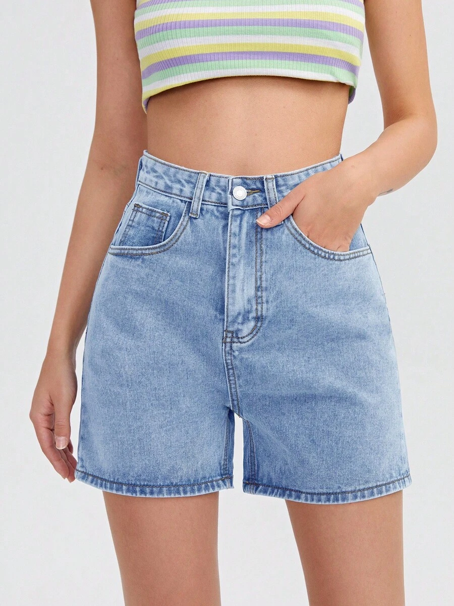SHEIN EZwear 女式宽松休闲百搭牛仔短裤,带口袋 - 淺色水洗藍 - 查看 1