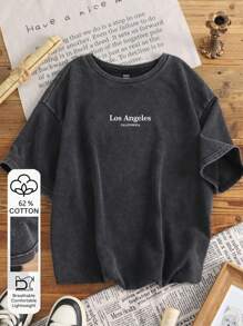 Attitoon Große Größen Damen Schwarzes Strick T-Shirt mit Schneeflocken Muster, Vintage Musikfestival & Rückkehr zur Schule Stil, Kurzarm, geeignet für den Sommer, Los Angeles, Kalifornien Muster