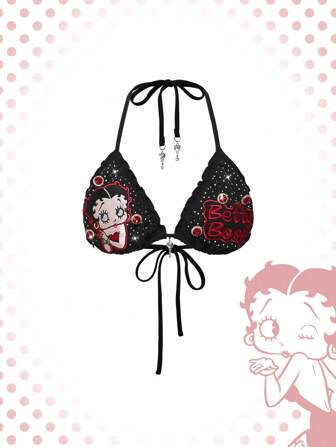 Betty Boop | ROMWE Top alla halter da donna con figura a cartone animato, grafica ricamata e decorazioni in strass sexy