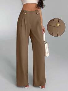 EURMUSE Women Solid Color Button And Pleated Detailed Straight Leg Pants Work Club Pants - Cream - View 1