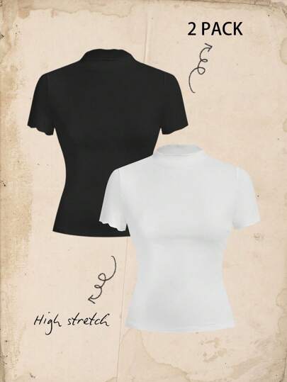 SHEIN EZwear 2pcs Set Basic Mock Neck Tight Fitted Short Sleeve T-Shirt, Suitable For Summer, For Daily Wear Suitable For Going Out
