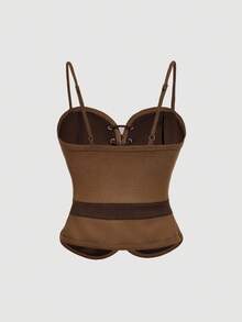 SHEIN MOD Áo hai dây thắt eo trang trí buộc dây phía trước, phong cách Boho, trang phục mùa thu cho nữ, áo hai dây, trang phục phương Tây cho nữ, chất liệu da lộn, có thể phối lớp để tạo kiểu, phong cách cổ điển, quần áo Boho cho nữ, trang phục dự tiệc. - màu nâu - Xem 2