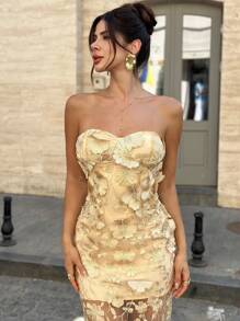 Firerie 女士优雅浪漫精致端庄舞会派对约会度假日常刺绣 3D 花卉网眼透明紧身高腰香槟色超长筒金色连衣裙 - 香檳色 - 查看 7