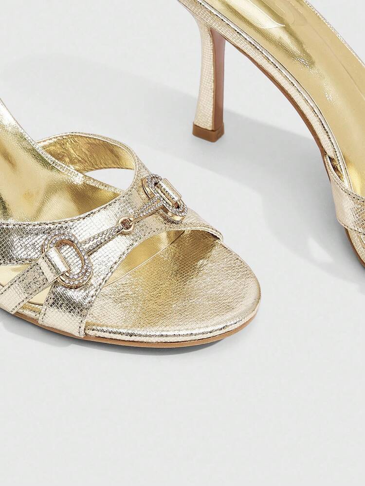 CUCCOO SZL Women's 8.8cm High Heel Round Toe Mule Sandals With Gold Metal PU & Rhinestone Decor, Fashion Evening Shoes For Christmas Spring Shoes Prom Heels