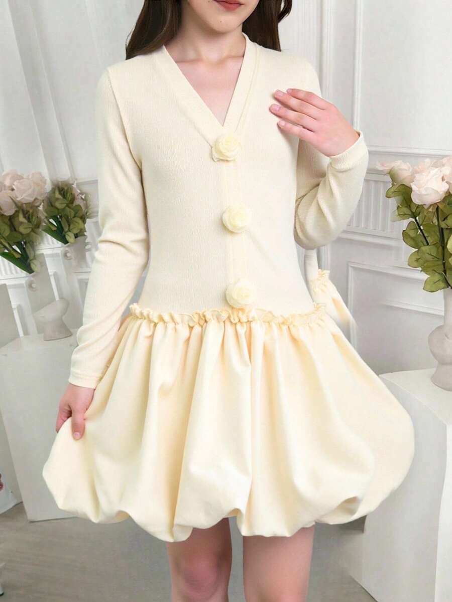 Vestido de manga larga con volantes y decoración floral 3D de unicolor para niña preadolescente - Amarillo - Ver 1