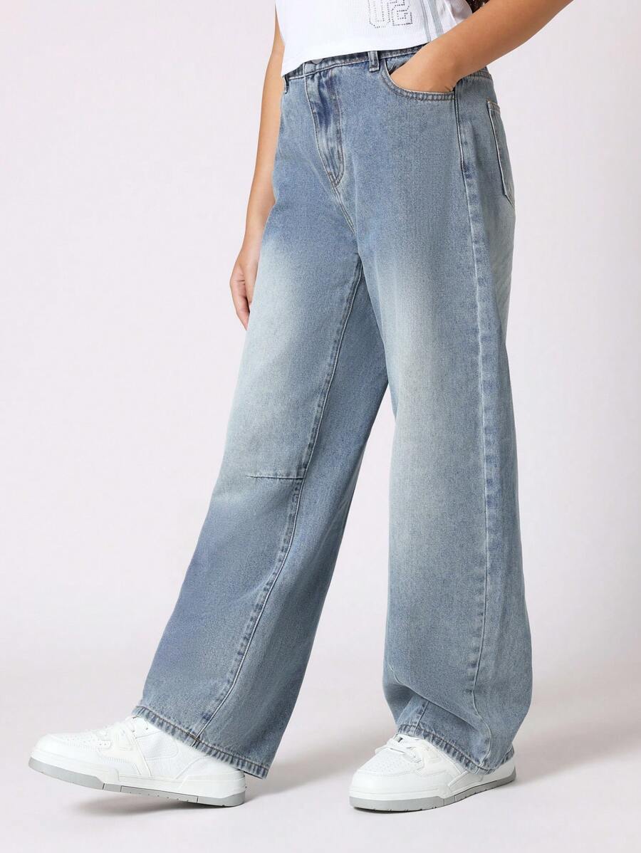 SUMWON 青少年女孩宽腿宽松牛仔裤 宽松筒形 Y2K 时尚秋冬超舒适宽松休闲街头服饰 - 藍色 - 查看 1