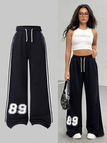 1件青少年女孩数字印花宽松运动裤，秋季 - 藏蓝色 - 查看 1