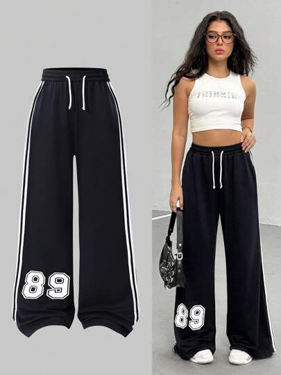 1件青少年女孩数字印花宽松运动裤，秋季