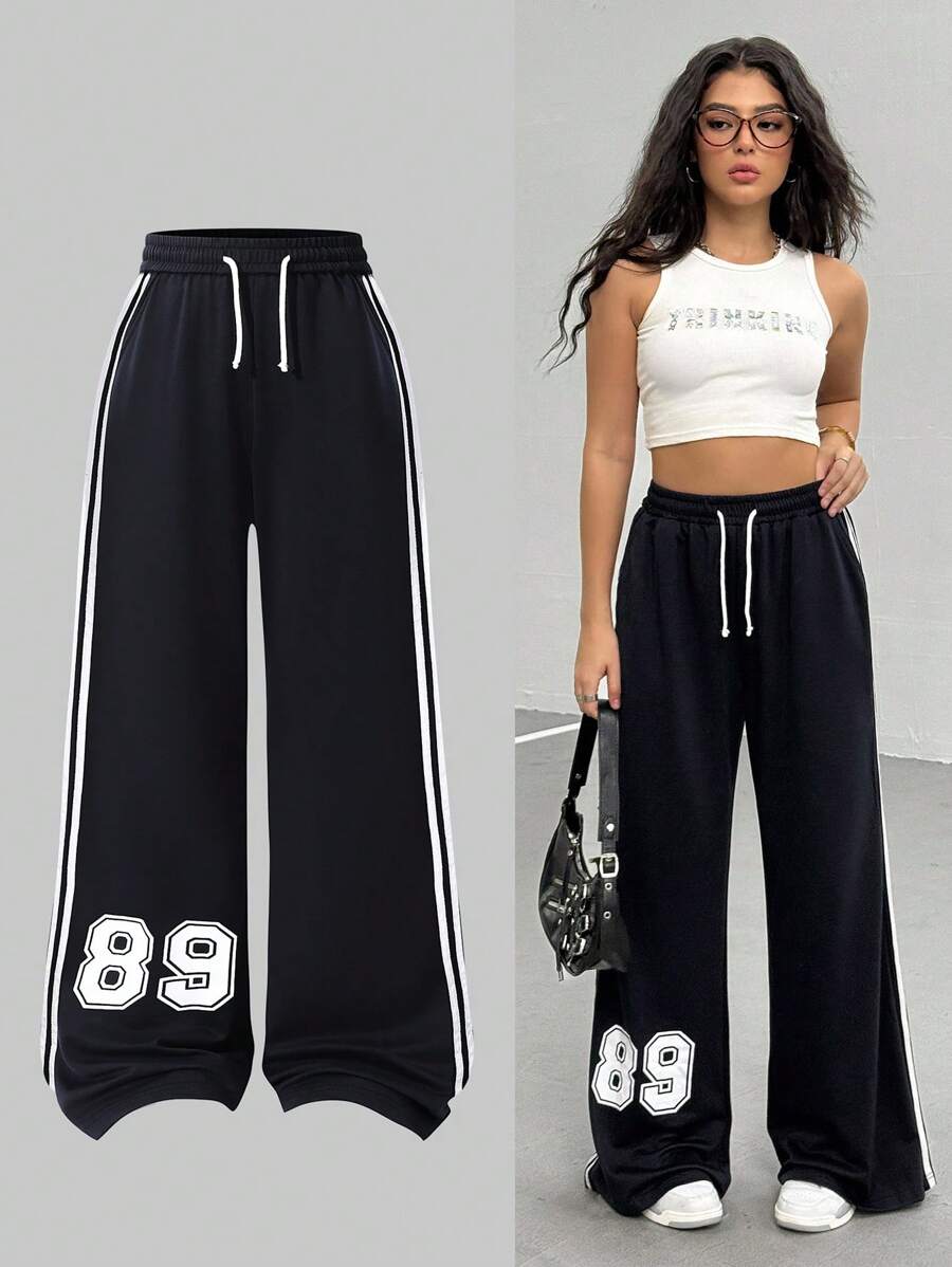 1件青少年女孩数字印花宽松运动裤，秋季 - 藏蓝色 - 查看 1