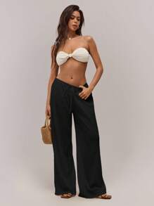 SHEIN Forever 21 Women's Solid Color Drawstring Waist Wide Leg Loose Casual Pants,Fall Clothes For Women - Black - View 4