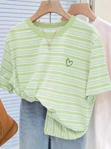SHEIN Colorful Striped Digital Print & Heart Embroidery Plus Size Women T-Shirt