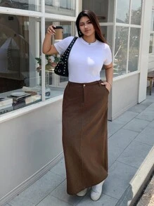 Dazy Plus 大码女式纯色直筒长款休闲裙秋季半身裙 - 棕色 - 查看 3
