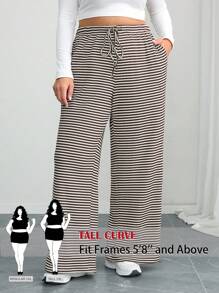 SHEIN Tall CURVE Pantalones de pierna ancha con textura de rayas y cordón para tallas grandes - Marrón - Ver 1