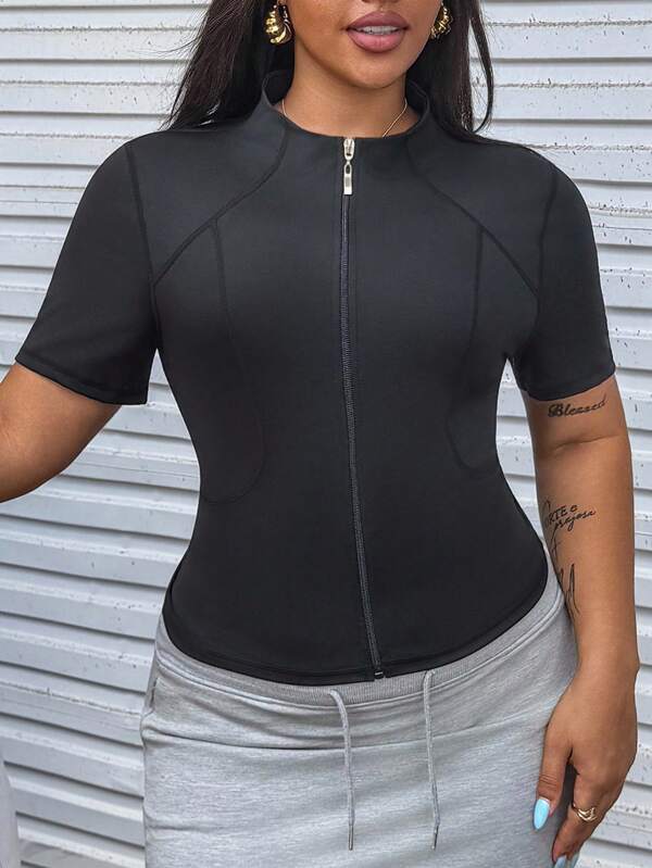 SHEIN Sport Studio Women Plus Size Sporty Jacket Sexy Stand Collar Stretchy Outdoor Exercise Running Top Golf Tennis Training Jacket