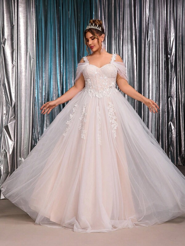 Glamrae Abito da sposa elegante e lussuoso, taglie comode, con spalle scoperte, in pizzo floreale, in rete e applicazioni in vita, linea ad A, raffinato