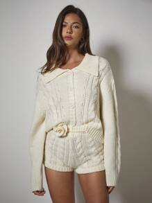 COSMINA 2pcs Women's Set: Dropped Shoulder Long Sleeve Single-Breasted Knit Cardigan And Floral Decor Knit Shorts Autumn Winter Clothes For Women - Beige - View 3