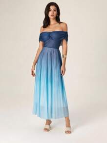 Modelyn French Style Off Shoulder Ruched Waist Slim Fit Pleated Dress For Women - Blue - View 1