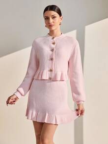 EURMUSE 女式不对称条纹针织设计灯笼袖针织毛衣开衫搭配罗纹针织细节直筒针织裙套装 - 藕粉色 - 查看 3