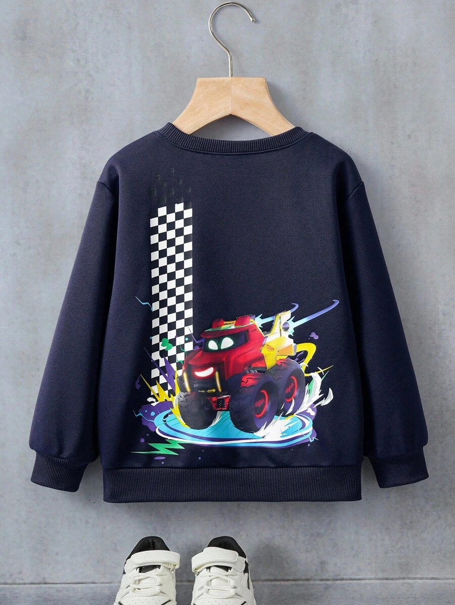 Batwheels X SHEIN Young Boy Casual Everyday Car Print Crew Neck Sweatshirt Boys Sweatshirts Graphic Hoodies For Boys Toddler Boy Sweatshirts Car Graphic Sweatshirt Boys Cartoon Sweatshirt - Navy Blue - View 1
