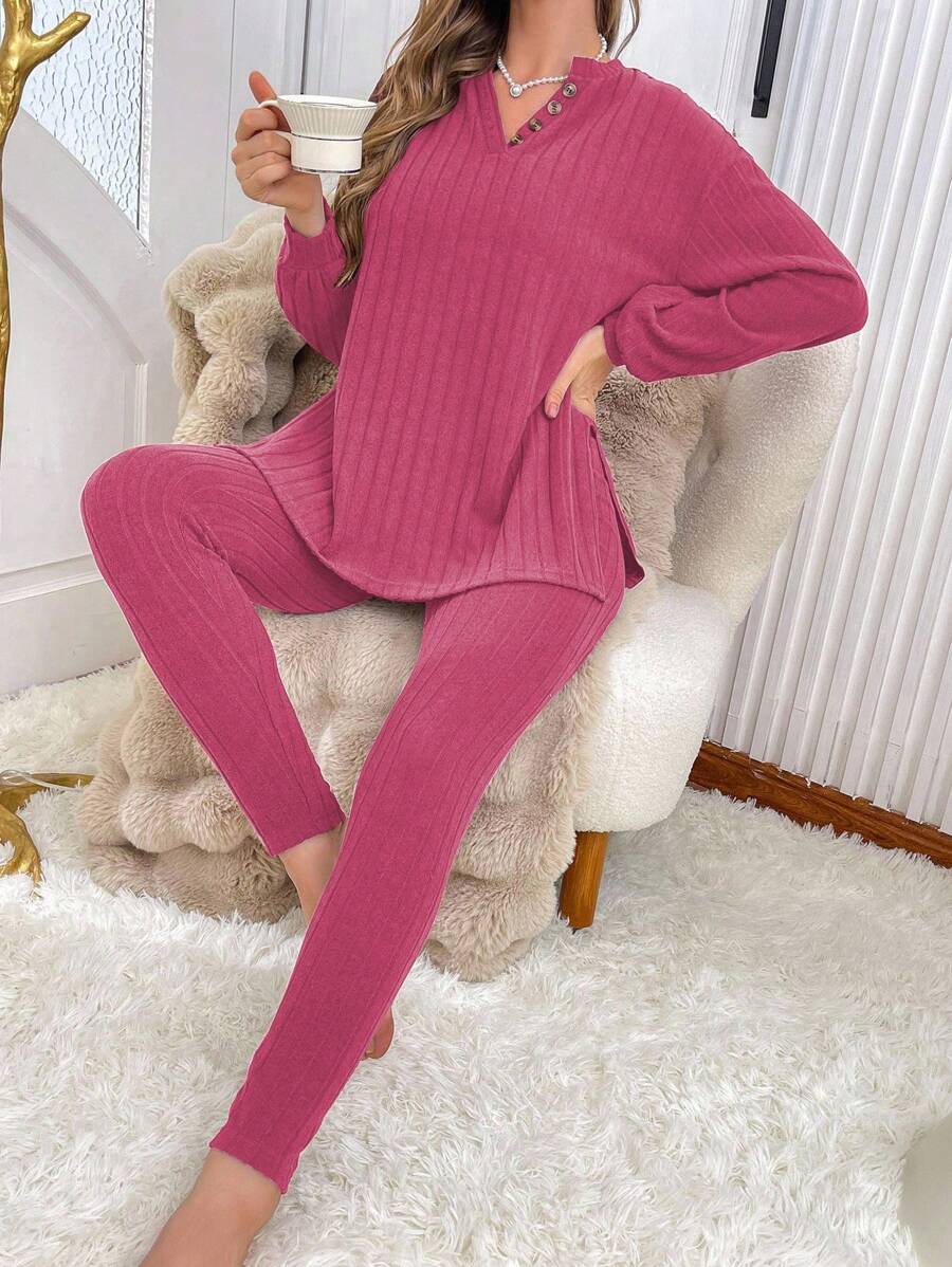 Conjunto de ropa de estar en casa para mujer con textura y medio botón de unicolor, ropa de otoño e invierno, atuendos acogedores - Rosa Fucsia - Ver 1
