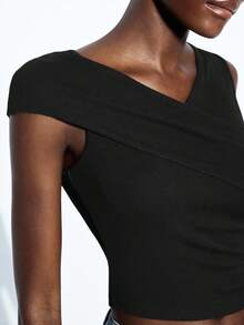 Maija 2025 Modern City Asymmetrical Neck Stretch Ribbed Soft Women Black Summer Seksi Chic Night Out Crop Top,V Cut Wrap Short Sleeve Comfortable Top - Black - View 2