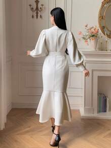 DAZY Elegant Solid Color Blazer Collar Puff Sleeve Belted Midi Dress For Women, Autumn,Fall Women Clothes Long Sleeve Dress