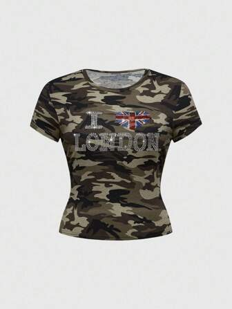 J-Fashion Y2K Baddie Abby Flagge Englisch Strass Camouflage Enganliegendes Oversize Damen T-Shirt