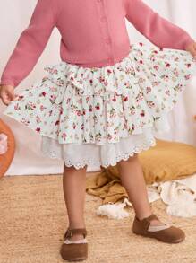 Blossori Falda midi holgada de cintura elástica con estampado floral pequeño en rosa suave, para niñas, primavera/verano - Multicolor - Ver 4