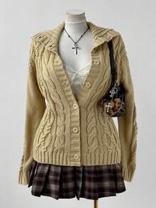 Sunspun Plus Size Women's Collegiate Style Turndown Collar Front Button Knit Cardigan Sweater, Elegant Knit Cardigan Sweater, Suitable For Autumn/Winter Vintage Fall Cloth For Women - Apricot - View 7