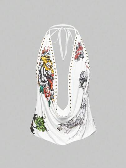 ROMWE Grunge Punk Spring/Summer Carnival Beach Vacation Graphic White Retro Y2K Chic Studded Vintage Tiger Head & Floral Geisha Print Rhinestone Sexy Deep Draped Neck Sleeveless Tank Tops For Women