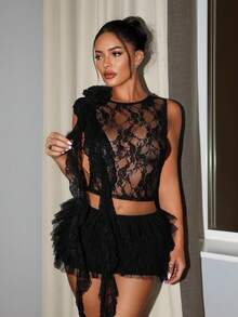 SHEIN SXY 性感黑色薄纱蕾丝3D立体花卉荷叶边无袖上衣，适合派对、外出、蕾丝、万圣节、夜店等场合，性感百变，Y2K风格，约会之夜 - 黑色 - 查看 4