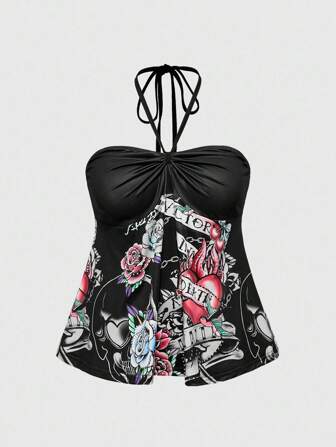 ROMWE Avant Camiseta y top sin tirantes con estampado de calavera de rosa vintage con strass, talla grande y estilo sexy Y2K