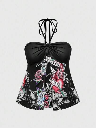 ROMWE Avant Große Größen Sexy Y2K Spaghettiträger Vintage Rose Skull Strass Print Camisole und Tank Top
