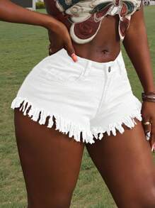 Slaydiva Summer Fashion Fringe Trim Mini Denim Shorts - White - View 6