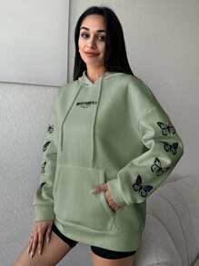 SHEIN Cottnline Women'S Butterfly Letter Print Drawstring Hooded Sweatshirt - Mint Green - View 3