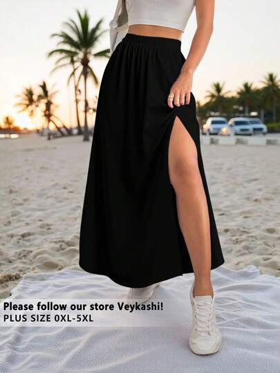 Veykashi 大码女式黑色开衩下摆休闲裙，适合夏季、海滩度假、日常休闲、街头、返校