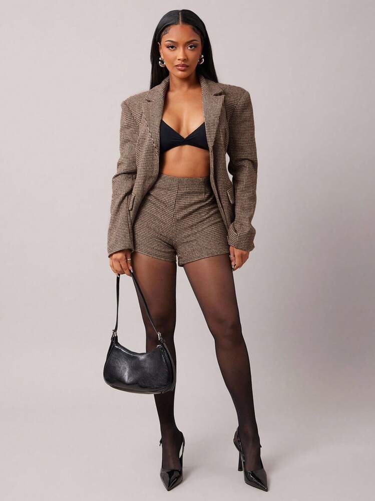 Radiana Set di abito in lana a quadri marroni retrò chic da donna, include blazer aderente + pantaloncini vita bassa (con spalline), 2 pezzi per autunno/inverno - Castano - Visualizzare 3