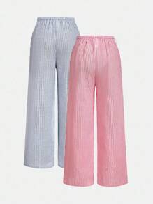 2 件套 Tween 女童蓝色和粉色条纹宽松长裤，休闲百搭街头服饰 - 紅色 - 查看 2