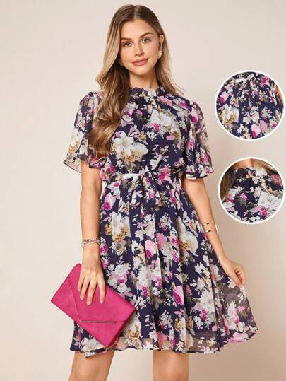 Amorya Floral Print Belted Chiffon Dress Fall/Winter Women Clothes Back To School Modest Vintage Old Money Teacher Outfits For Women Airport