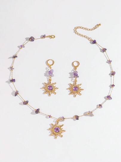 Fairycore 1 pieza Conjunto de collar y 1 pieza de aretes, colgante asimétrico de girasol, conjunto de joyas fresco y versátil para mujeres