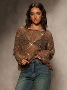 Aloruh Khaki Sequin Sheer Long Sleeve Top, Suitable For Party In Autumn,Fall - Khaki - View 6