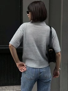 DAZY 女士休闲通勤纯色镂空针织缺口领半扣开衫 - 藍色 - 查看 4